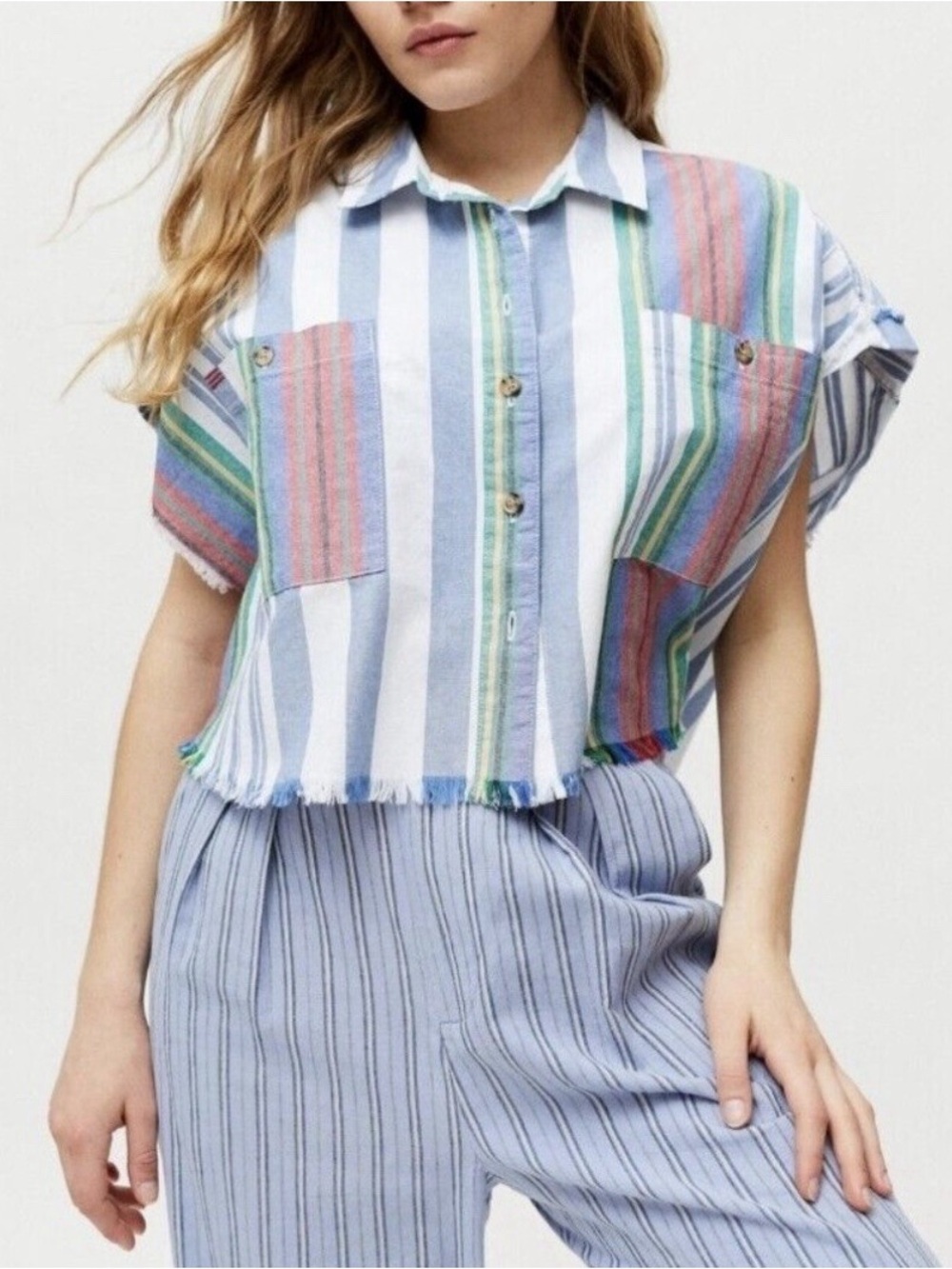 BDG Multicolor Striped Cropped Button-Down Shirt